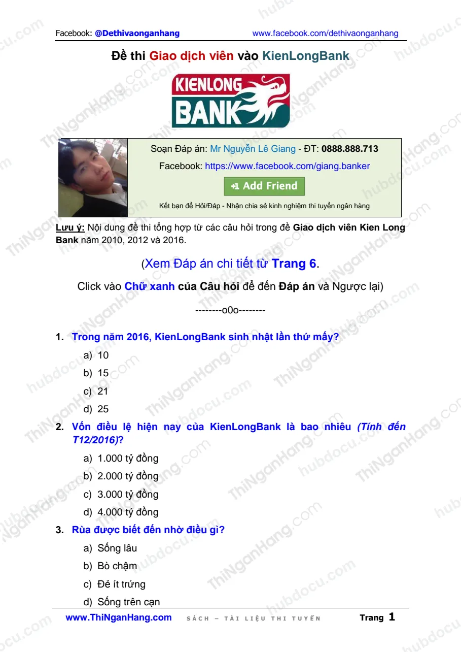 Giải đề thi Giao dịch viên Kiên Long Bank (KLB) 2016