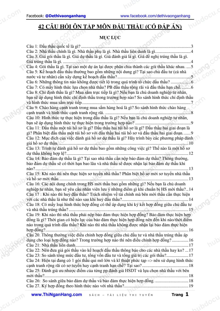 42 câu hỏi ôn tập môn Đấu Thầu (Có Đáp án)