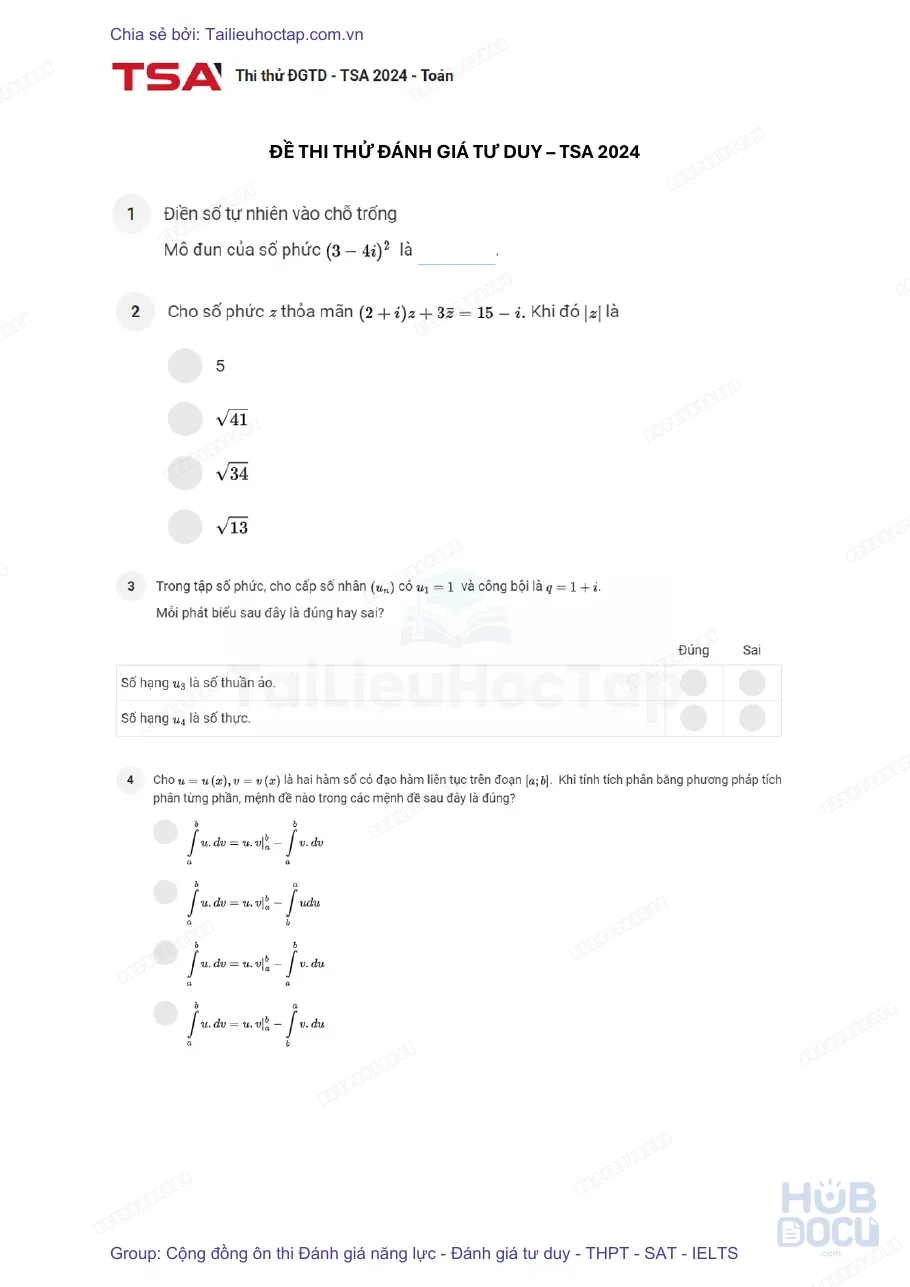 Full 1 đề thi thử TSA 2024 (Có đáp án mẫu)
