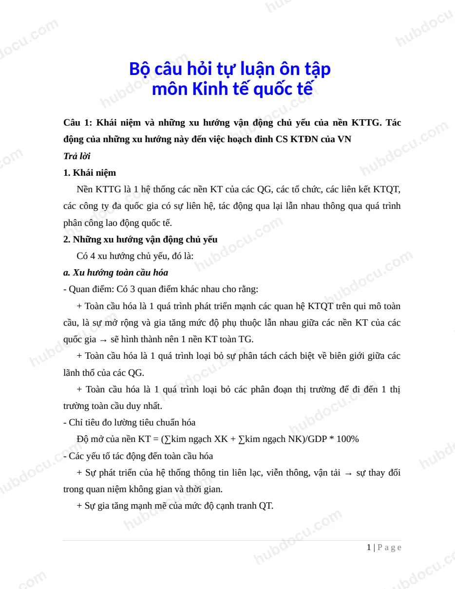 Bộ câu hỏi tự luận ôn tập môn Kinh tế quốc tế
