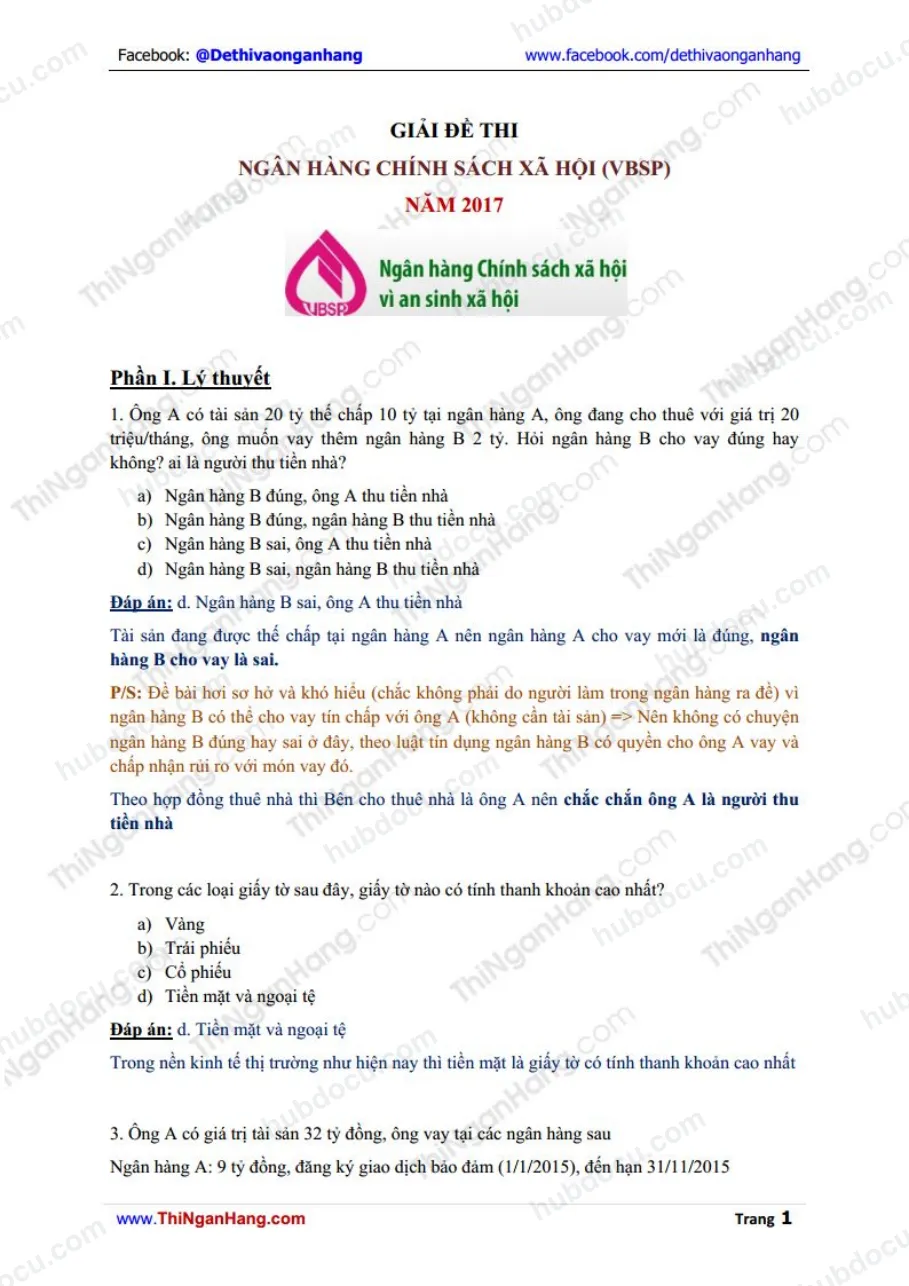 Đáp án Đề thi Ngân hàng Chính sách xã hội VBSP 2017
