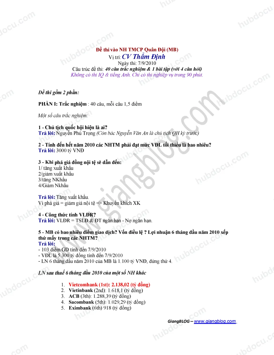 Đề thi CV Thẩm định MBBank (7-9-2010)