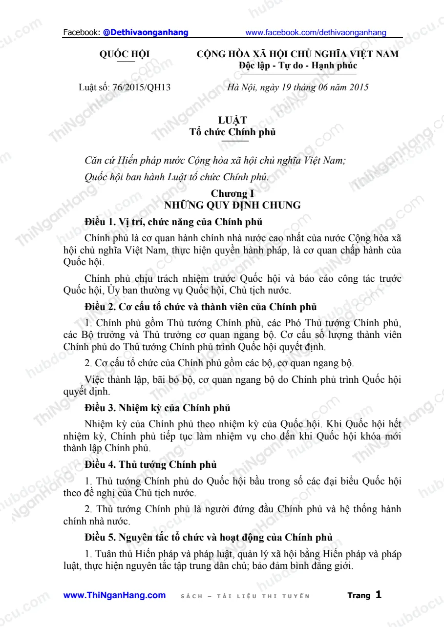 Luật Tổ chức Chính phủ 76-2015-QH13 (ngày 19-6-2015)