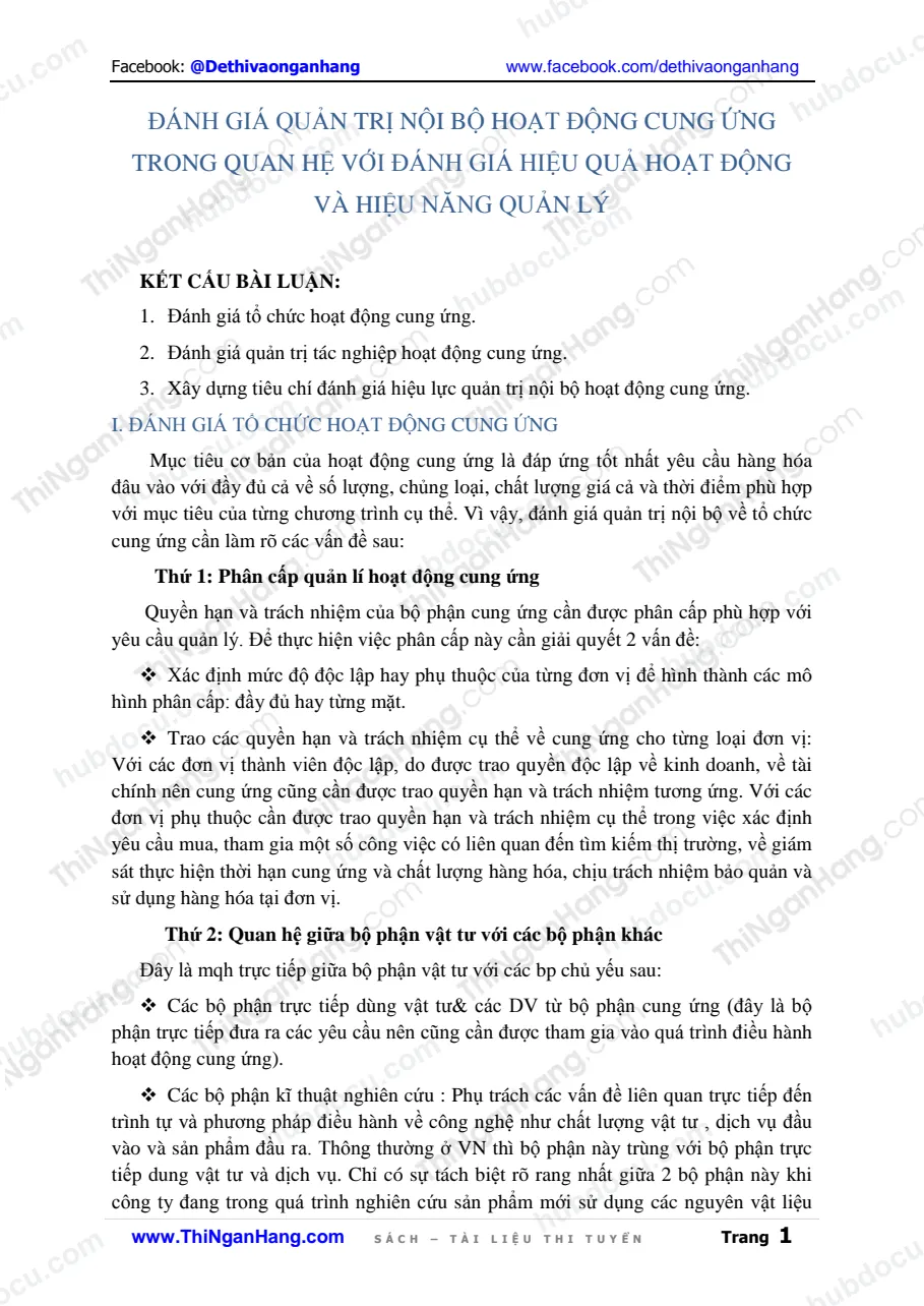Đánh giá quản trị nội bộ hoạt động cung ứng trong quan hệ với đánh giá hiệu quả hoạt động và hiệu năng quản lý