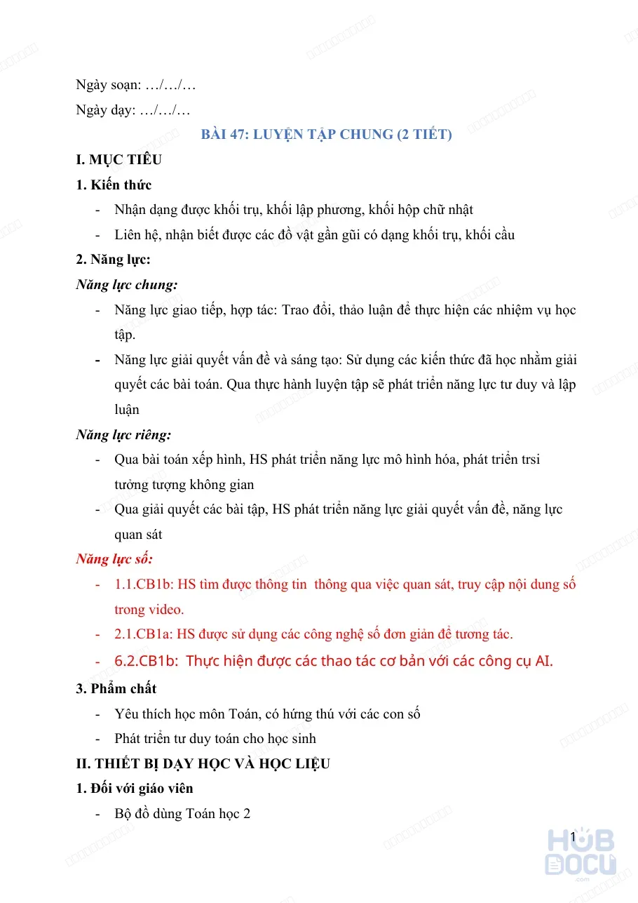 Giáo án Tích hợp năng lực số (Toán 2) - Bài 47. Luyện tập chung