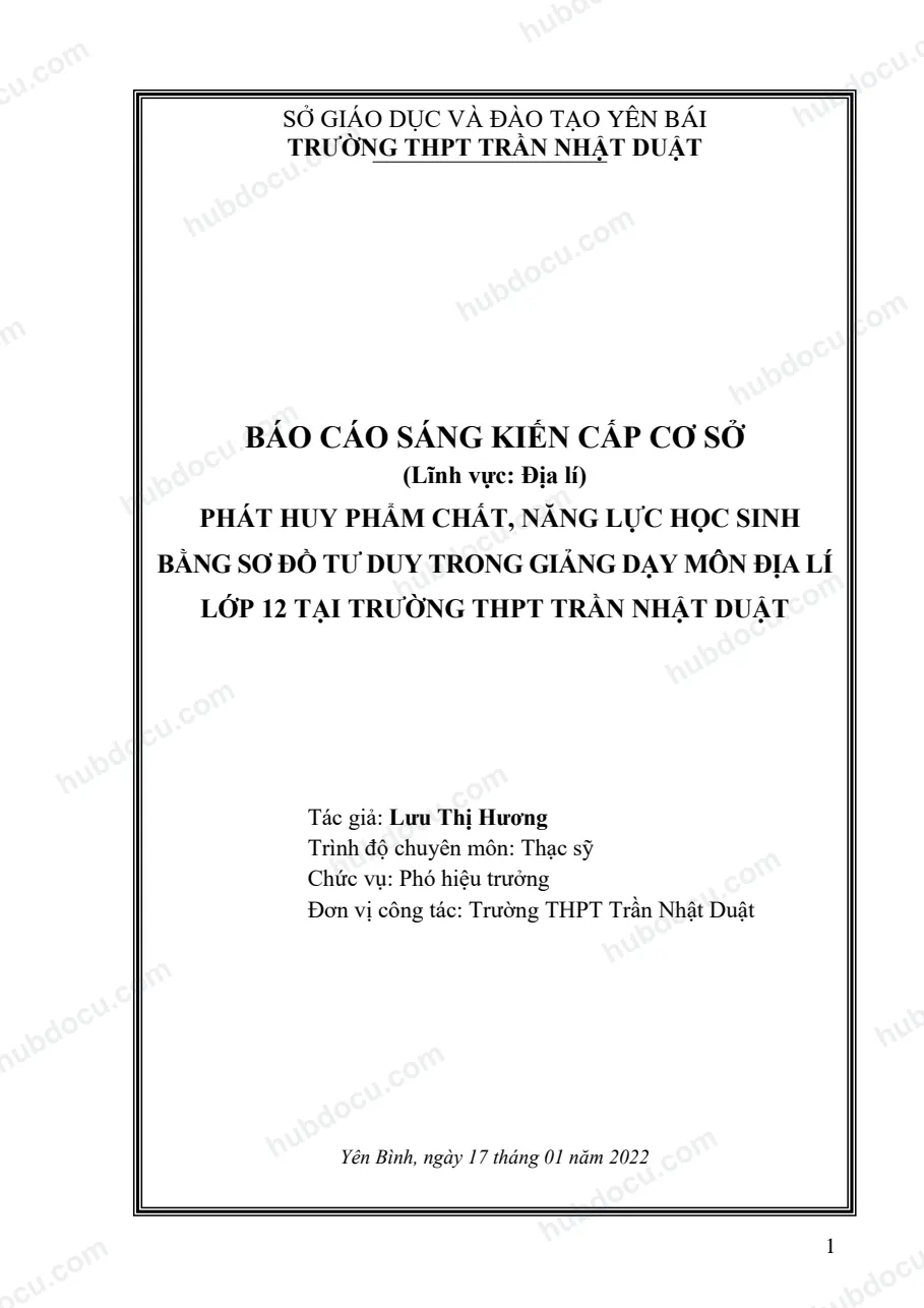 Báo cáo sáng kiến Phát huy phẩm chất, năng lực học sinh bằng sơ đồ tư duy trong giảng dạy môn Địa lí lớp 12