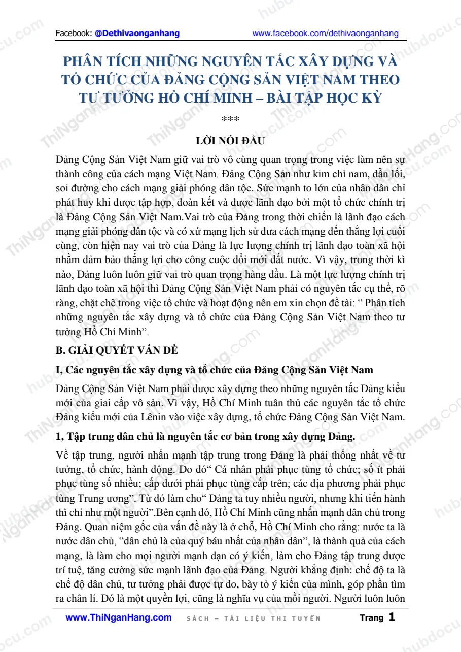 Phân tích những nguyên tắc xây dựng và tổ chức của Đảng Cộng Sản Việt Nam theo tư tưởng Hồ Chí Minh - Bài tập học kỳ