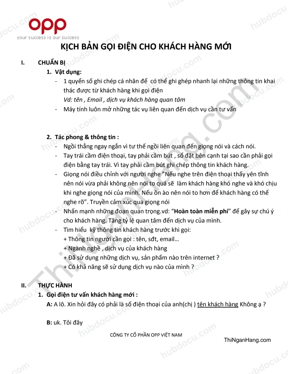 Kịch bản gọi điện thoại cho khách hàng - OPP Việt Nam