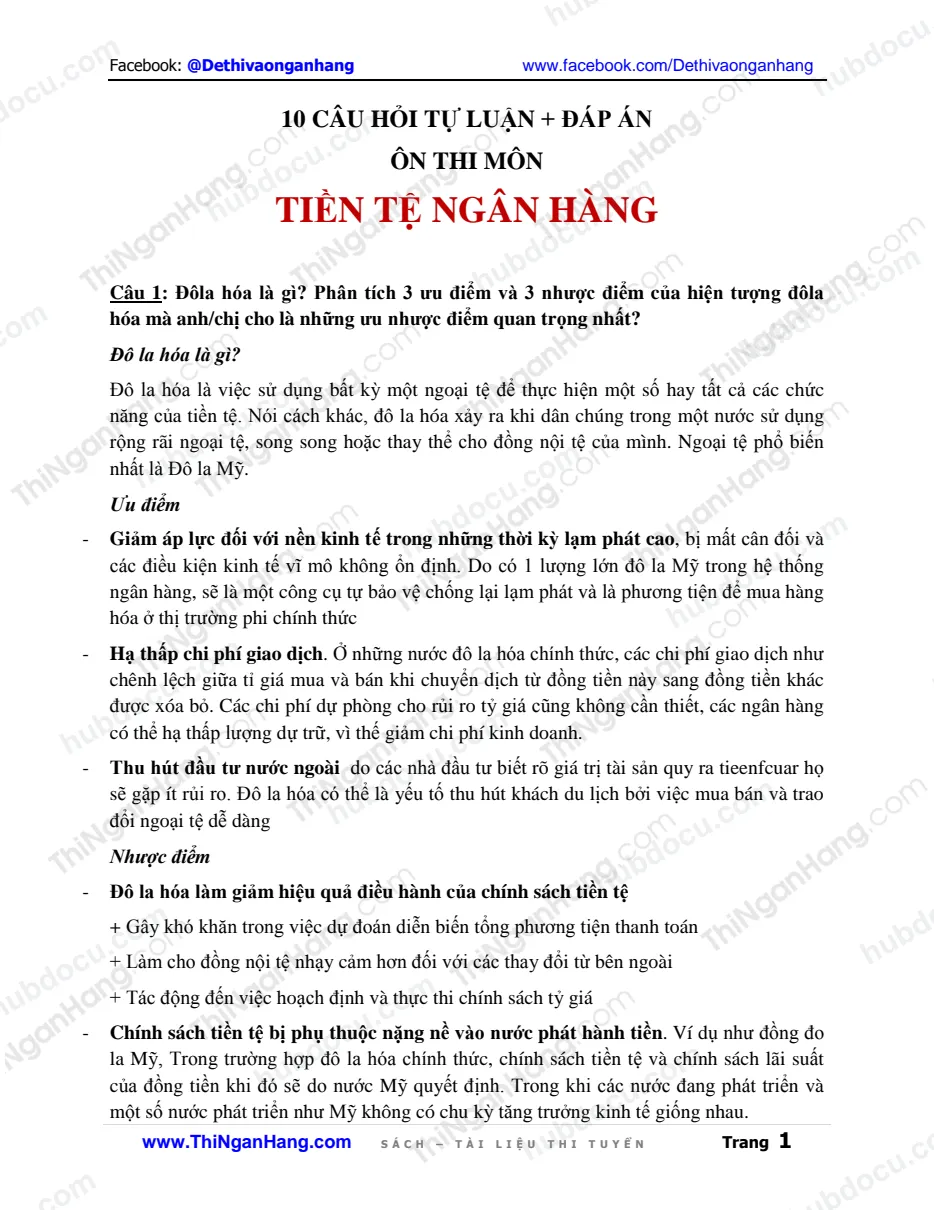 10 câu hỏi tự luận (kèm Đáp án) môn Tiền tệ Ngân hàng