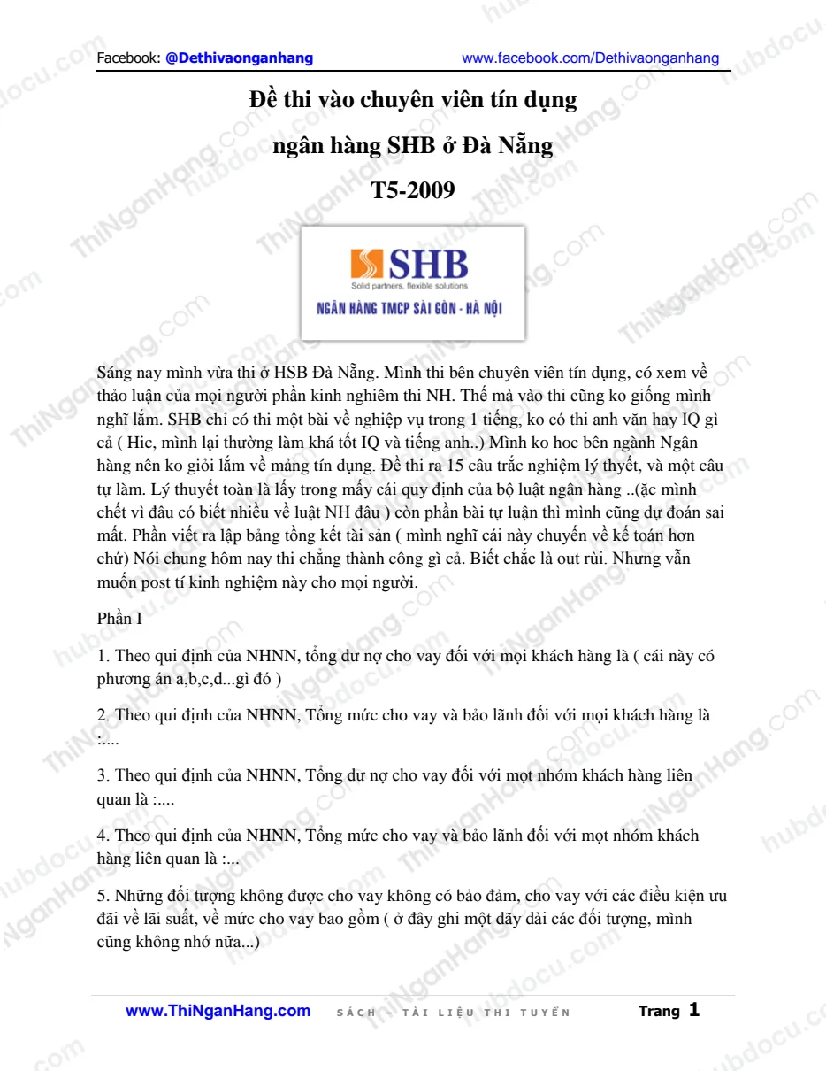 Đề thi tín dụng SHB CN Đà Nẵng (T5/2009)