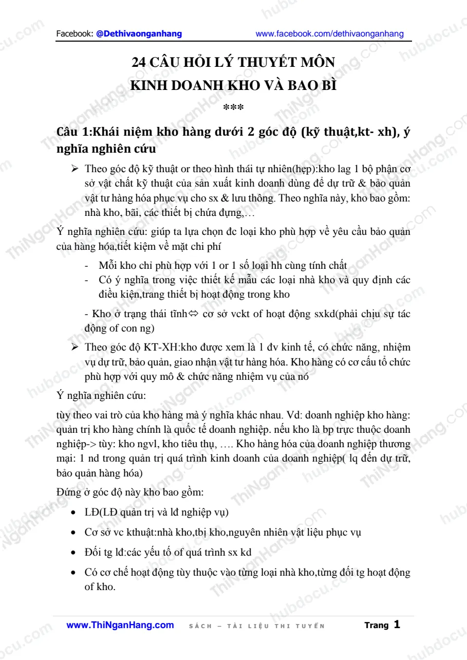 24 câu hỏi lý thuyết môn Kinh doanh kho và bao bì (kèm đáp án)
