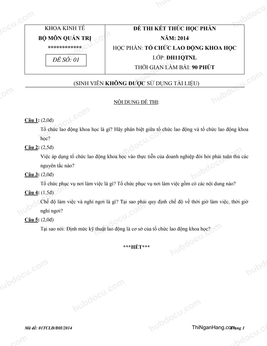 Đề thi Tổ chức lao động khoa học