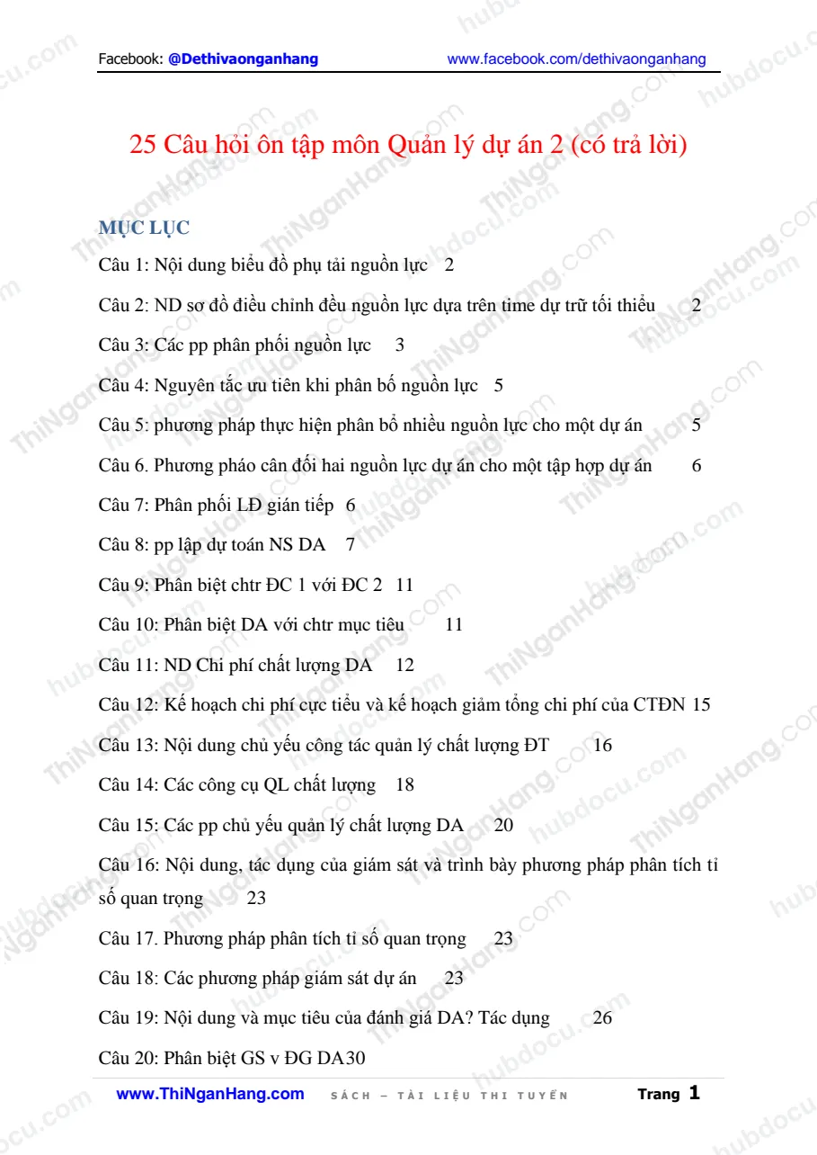 25 Câu hỏi ôn tập môn Quản lý dự án 2 (có Trả lời)
