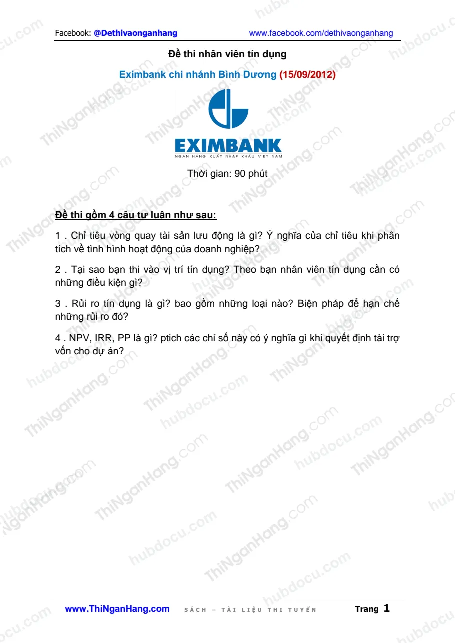 Đề thi nhân viên Tín dụng Eximbank CN Bình Dương (15-9-2012)