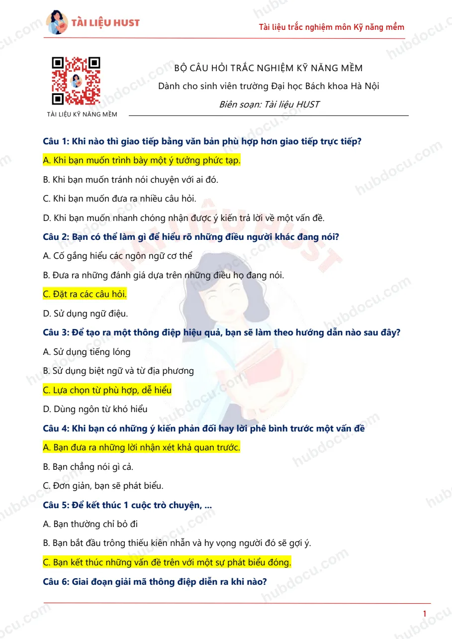 Bộ câu hỏi trắc nghiệm Kỹ năng mềm - HUST