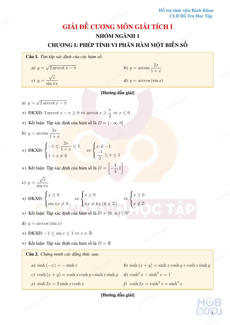 Giải Đề cương Giải tích 1 - Chương 1 (CLB HTHT 2024)