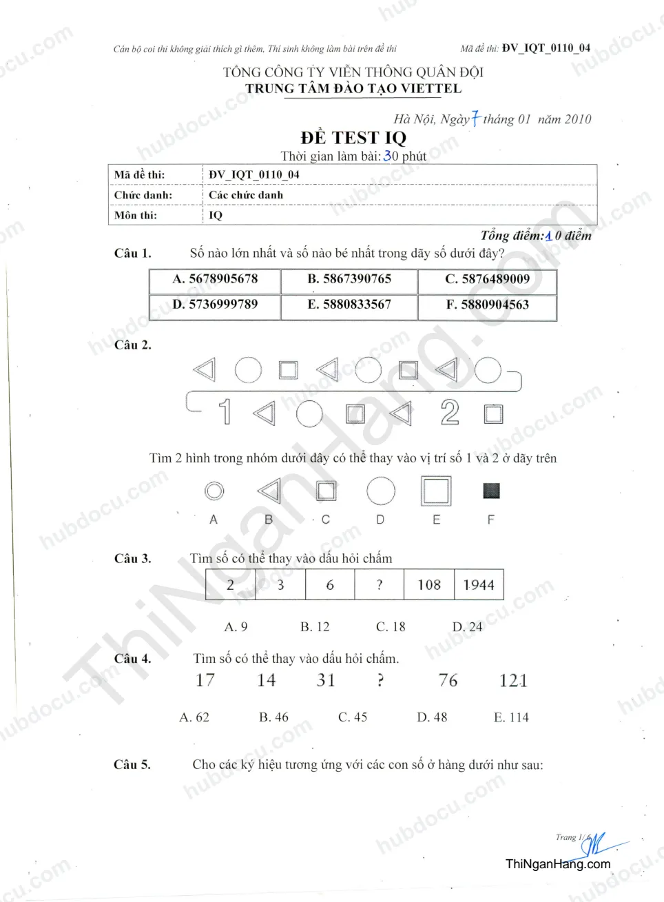 20 câu IQ thi Viettel - Đề 4 (Đáp án trang cuối)
