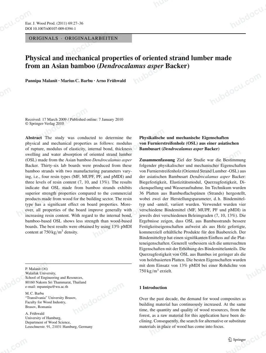 Physical and mechanical properties of oriented strand lumber made from an Asian bamboo (Dendrocalamus asper Backer)