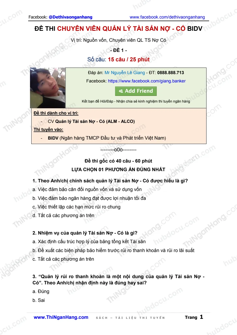 Đề thi CV Quản lý Tài sản Nợ - Có BIDV 2015 (Đề 1)