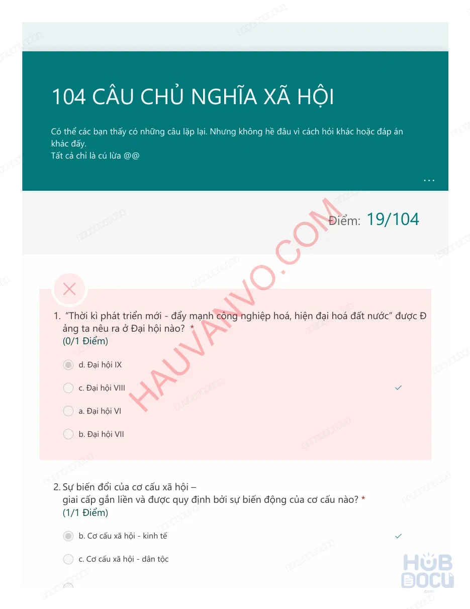 104 Câu trắc nghiệm Chủ nghĩa Xã hội Khoa học (HUST)