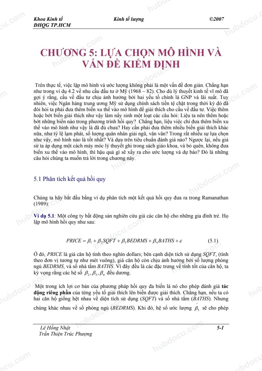 Chương 5. Lựa chọn mô hình và vấn đề kiểm định - Bài giảng kinh tế lượng ứng dụng