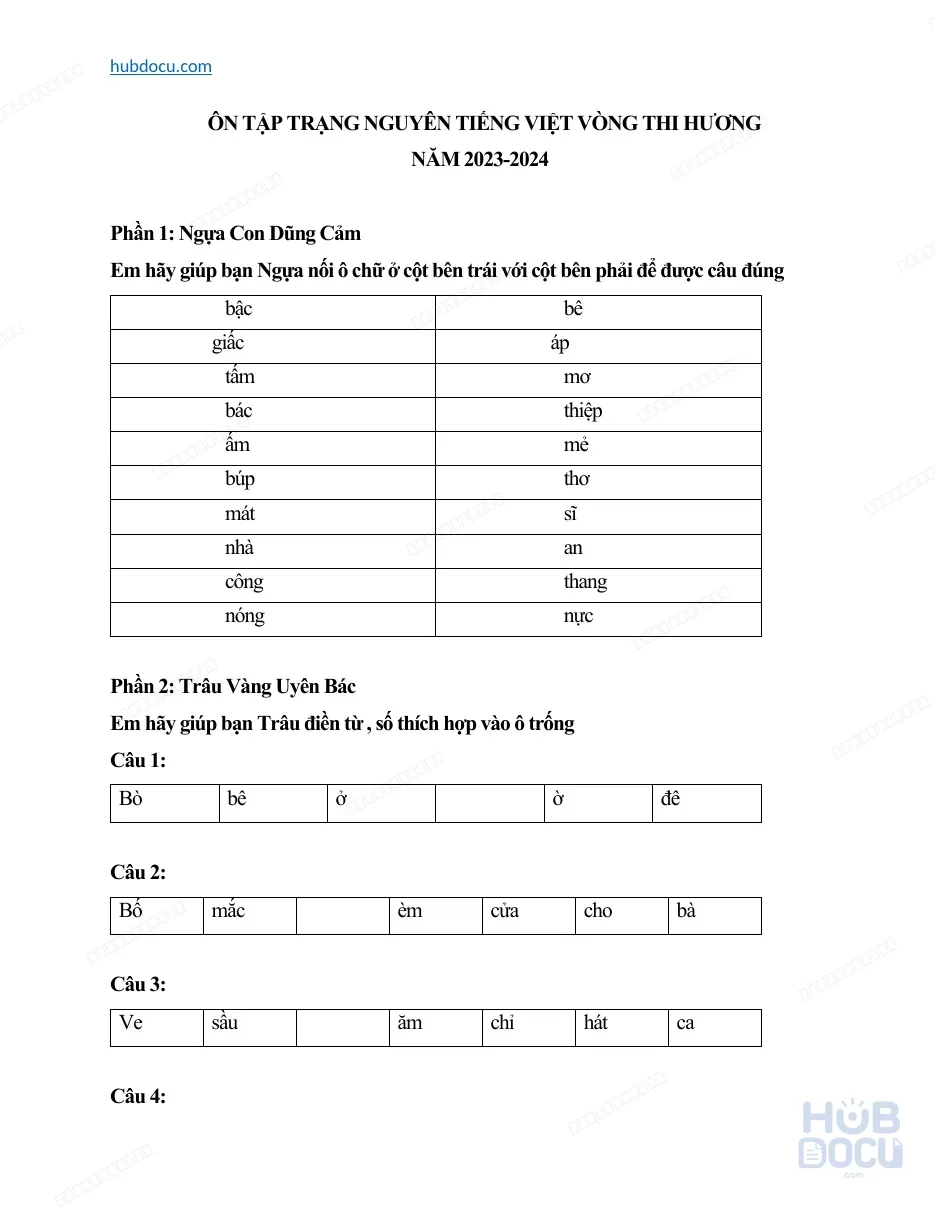 Trạng nguyên Tiếng Việt (Lớp 1). Vòng thi Hương (bổ sung)
