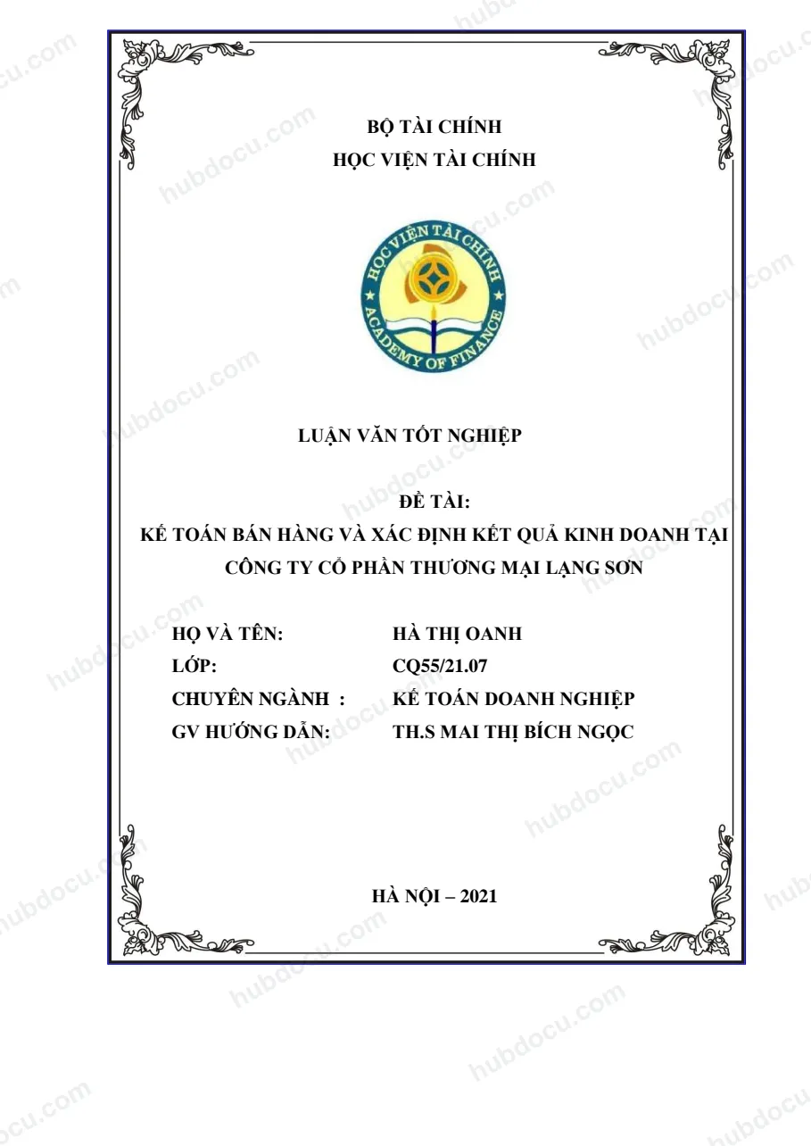 Luận văn tốt nghiệp - Kế toán bán hàng và xác định kết quả kinh doanh tại Công ty cổ phần thương mại Lạng Sơn