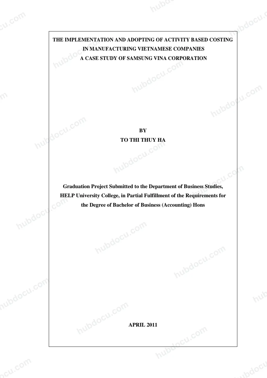 Khoá luận_ The implementation and adopting of activity based costing in manufacturing vietnamese companies a case study of Samsung Vina corporation