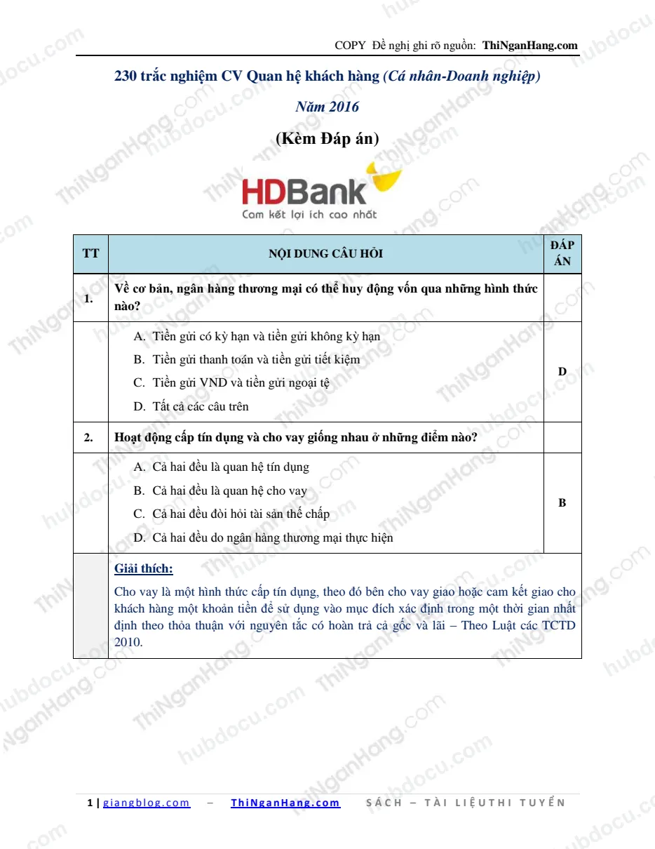 230 trắc nghiệm CV Quan hệ khách hàng HDBank 2016 (kèm Đáp án)