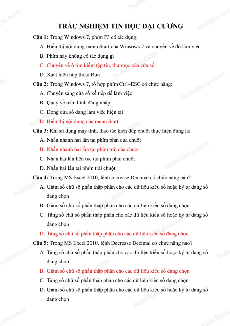 144 câu trắc nghiệm Tin học đại cương (có đáp án)