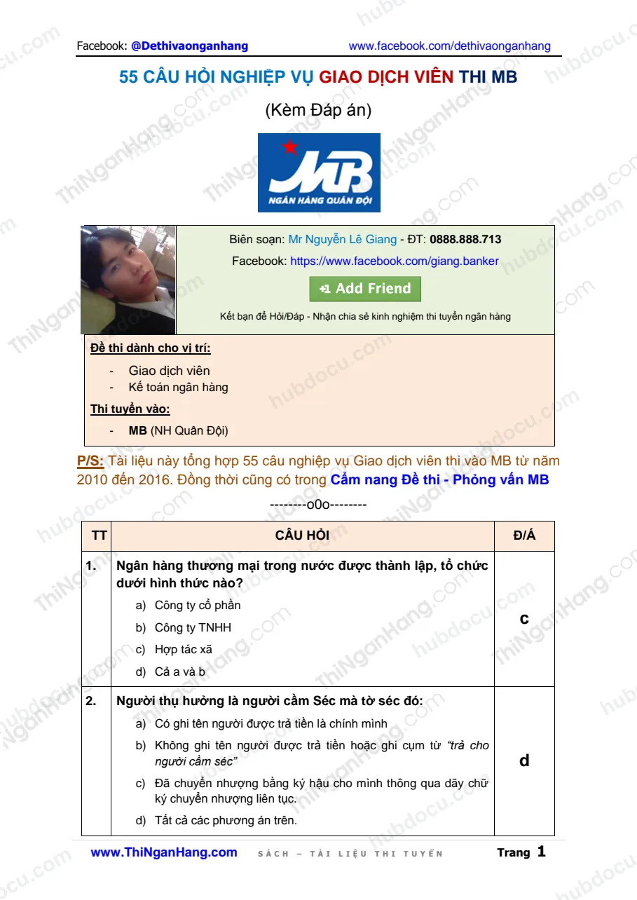 55 câu hỏi nghiệp vụ Giao dịch viên (GDV) MB Bank (Kèm Đáp án)