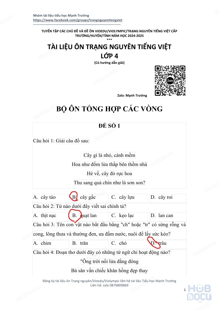 Ôn Trạng nguyên Tiếng Việt (Lớp 4) (Đề + Đáp án đính kèm)