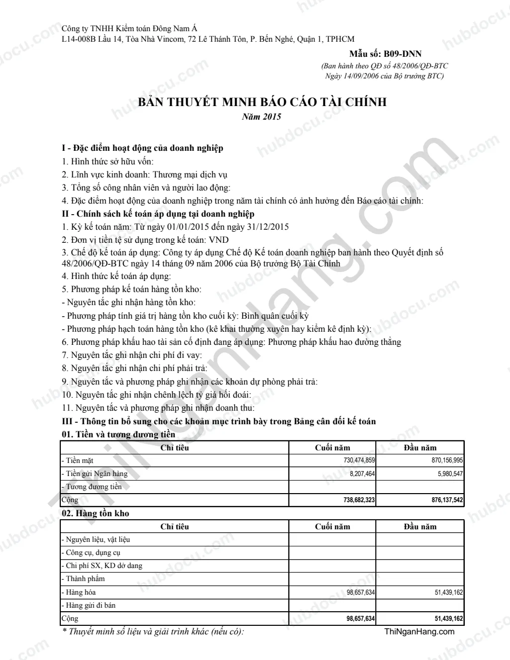 Thuyết minh BCTC công ty Kiểm toán Nam Á