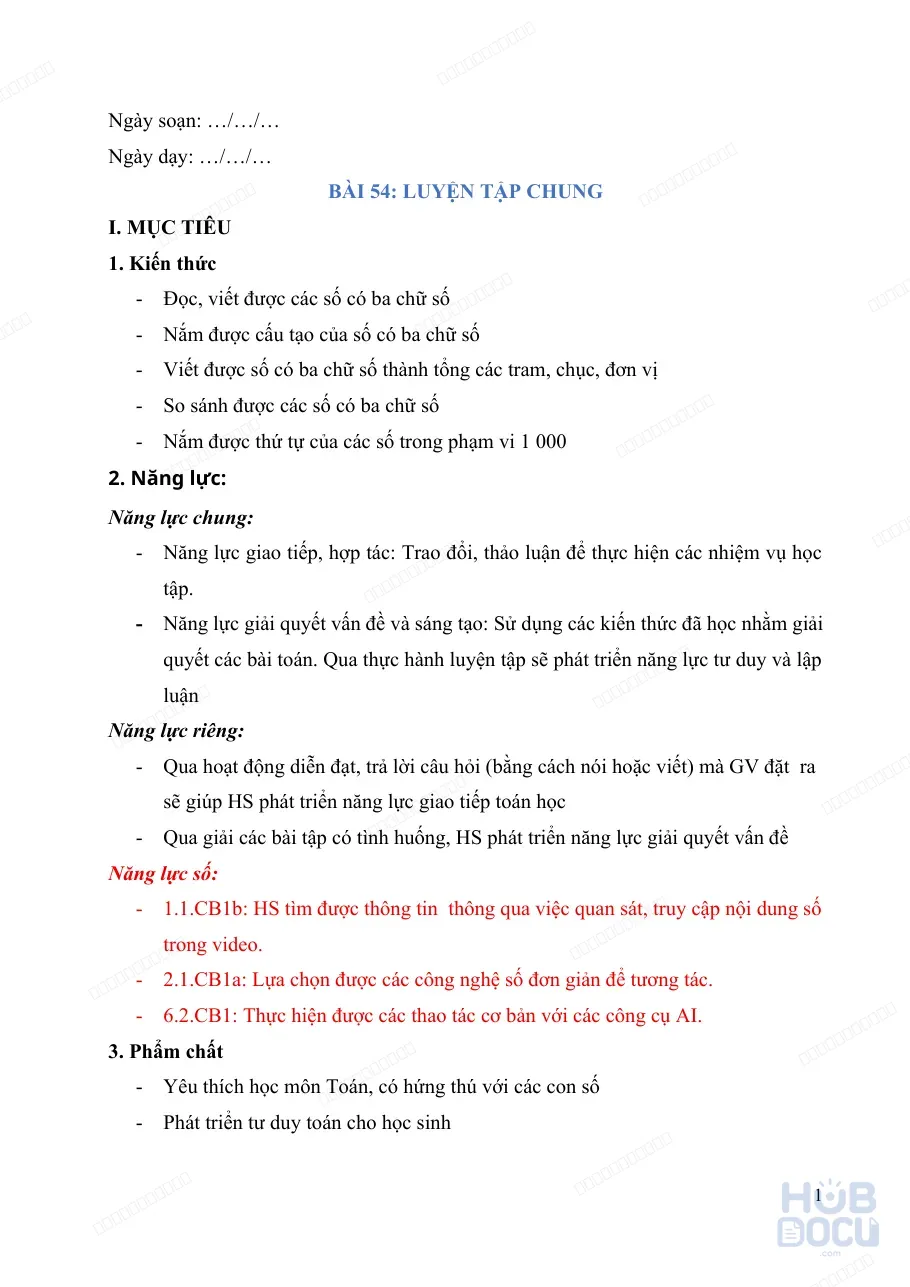 Giáo án Tích hợp năng lực số (Toán 2) - Bài 54. Luyện tập chung về các Số