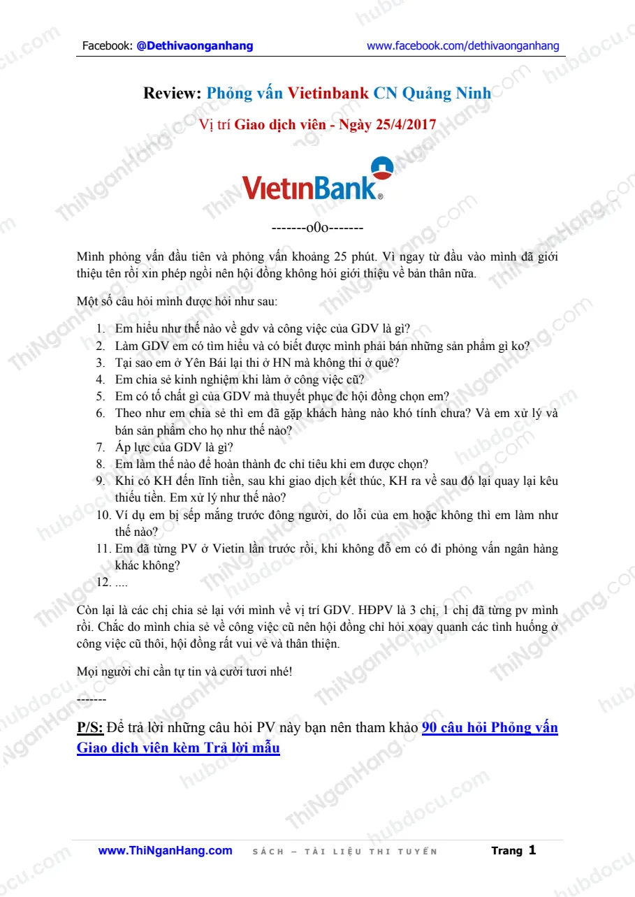 Reviews: Phỏng vấn Giao dịch viên Vietinbank CN Quảng Ninh