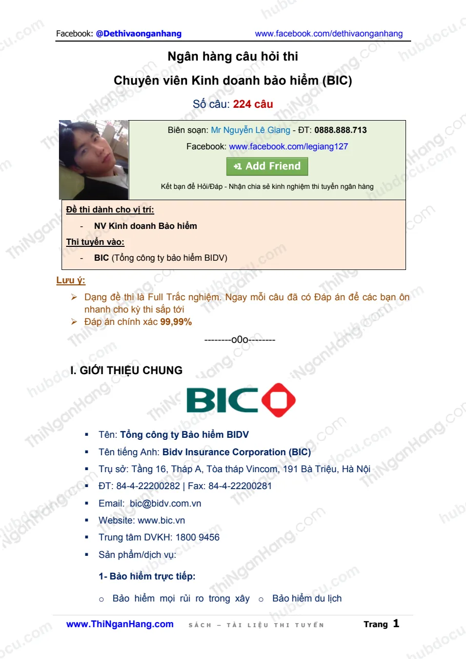 Đáp án 224 câu thi NV Kinh doanh bảo hiểm (BIC) - BIDV Insurance Corp