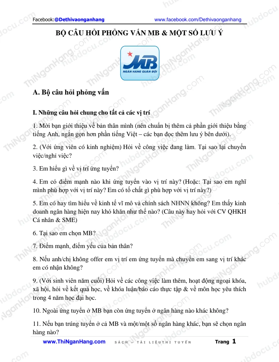 Bộ câu hỏi phỏng vấn ngân hàng MB và Một số lưu ý