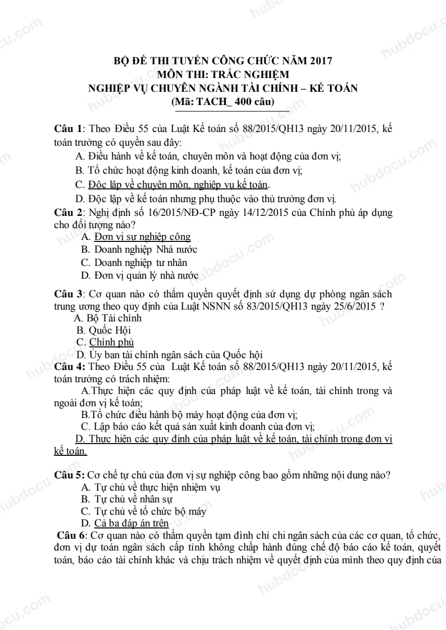 100 câu trắc nghiệm nghiệp vụ Kế toán - Ôn thi công chức