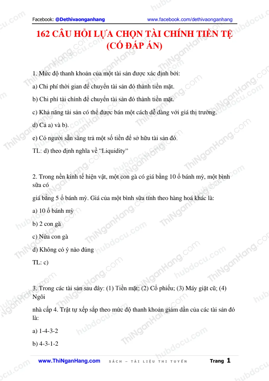 162 câu hỏi lựa chọn Tài chính - tiền tệ (có Đáp án)