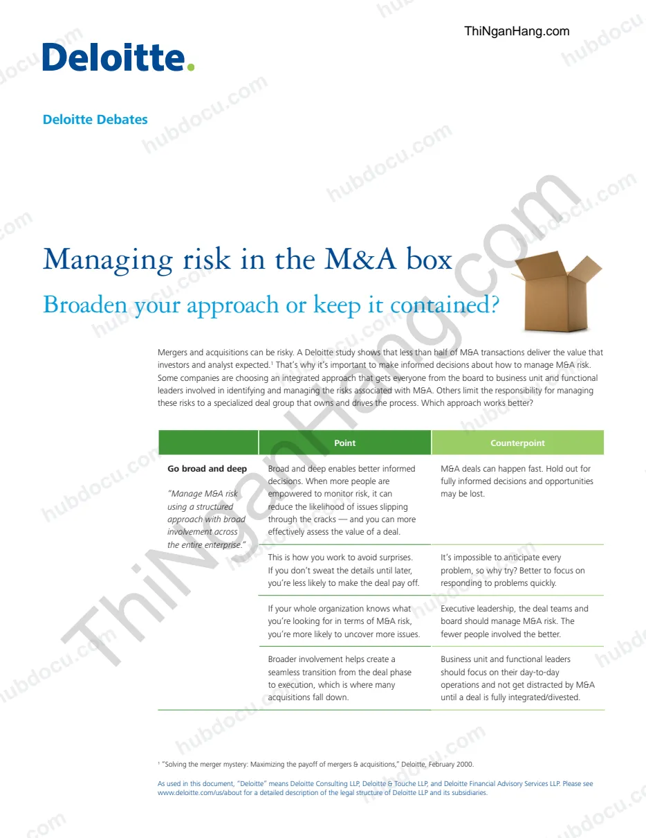 Deloitte. Managing risk in the M&A box