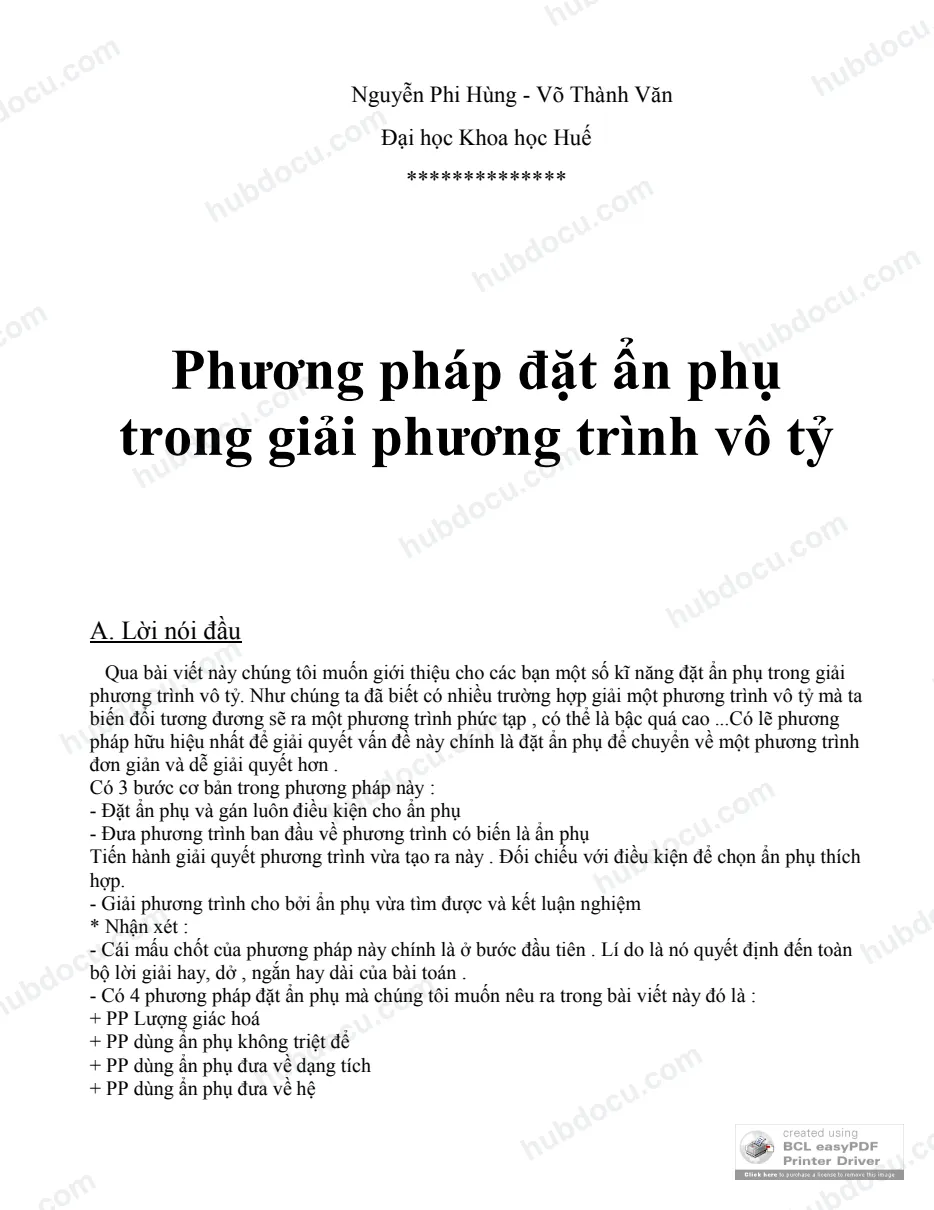 Phương pháp đặt ẩn phụ trong giải phương trình vô tỷ - Nguyễn Phi Hùng & Võ Thành Văn