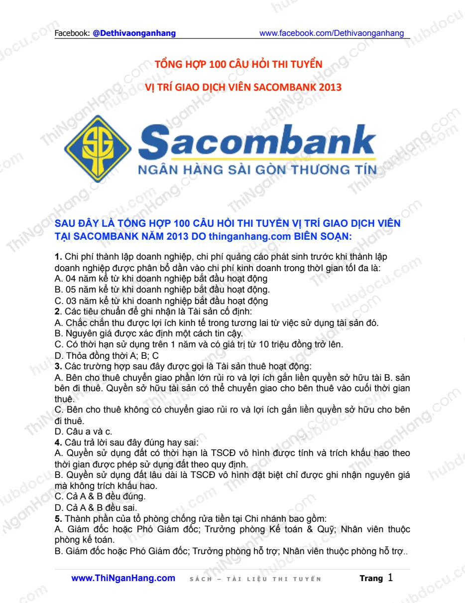 100 câu hỏi thi vị trí Giao dịch viên Sacombank 2013