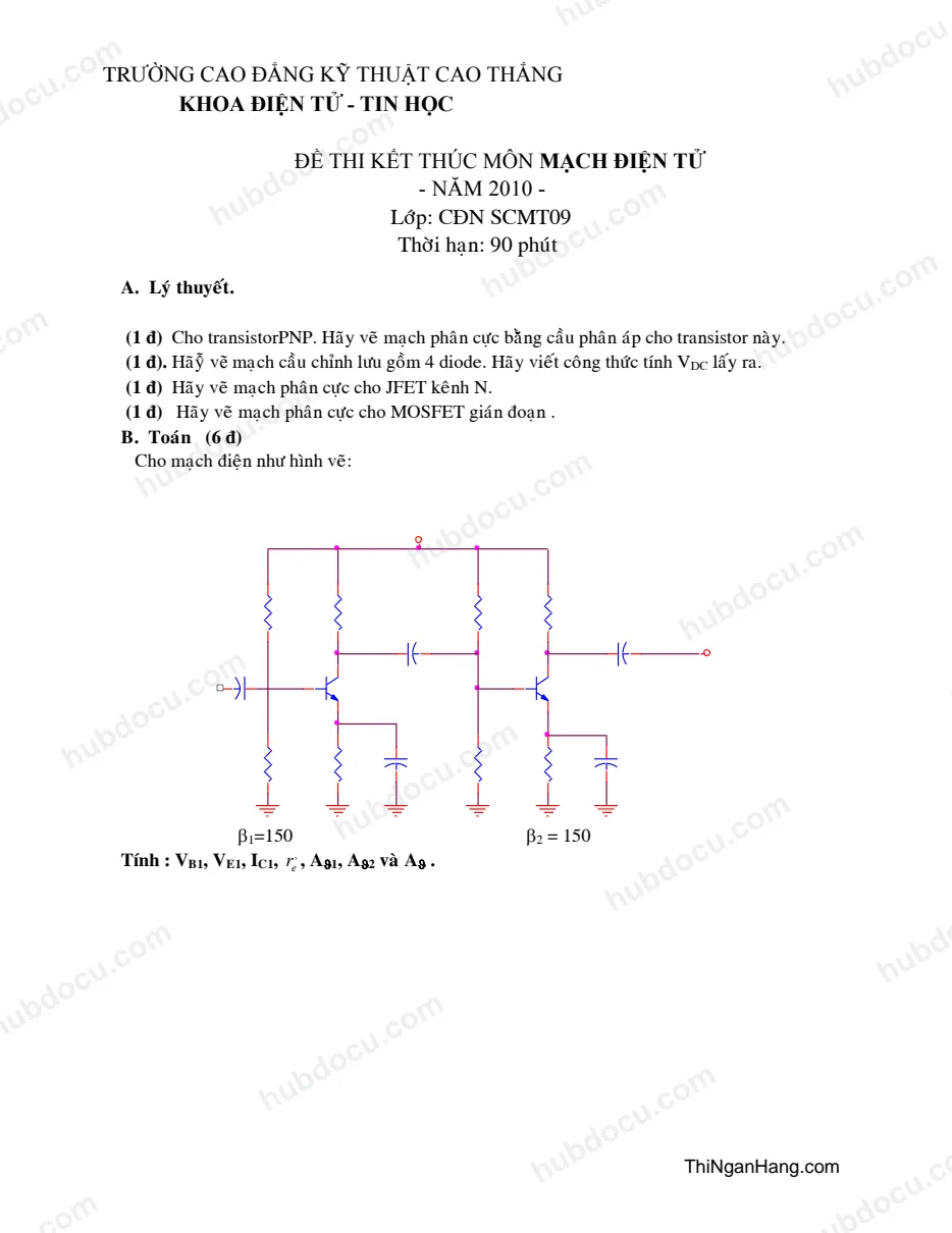 Đề thi và Đáp án môn Mạch điện tử - Cao đẳng kỹ thuật Cao Thắng