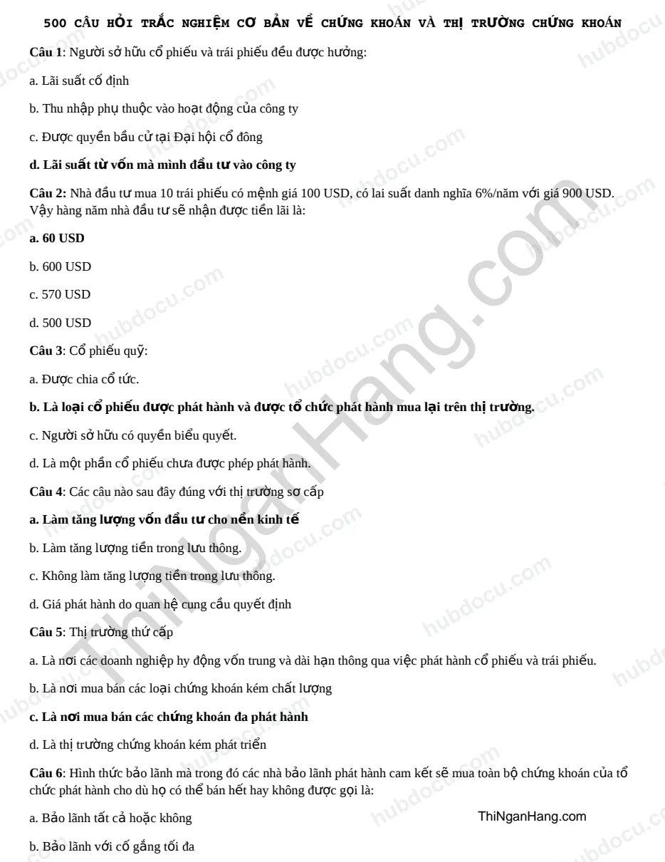 500 câu trắc nghiệm về Chứng khoán và Thị trường chứng khoán (có đáp án)