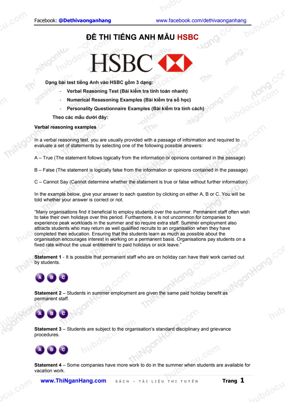 Đề thi tiếng Anh mẫu vào HSBC