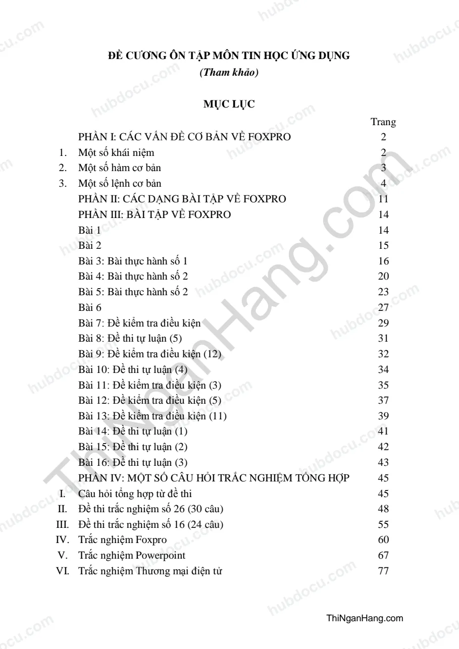 Đề cương ôn tập môn Tin học ứng dụng