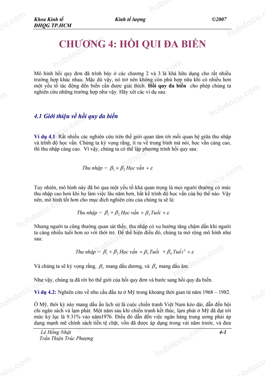 Chương 4. Hồi quy đa biến - Bài giảng kinh tế lượng ứng dụng