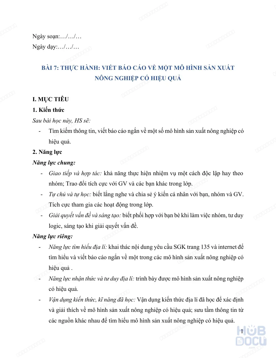 Giáo án Năng lực số (Địa lý 9) - Bài 7.Thực hành Viết báo cáo về một mô hình sản xuất nông nghiệp có hiệu quả