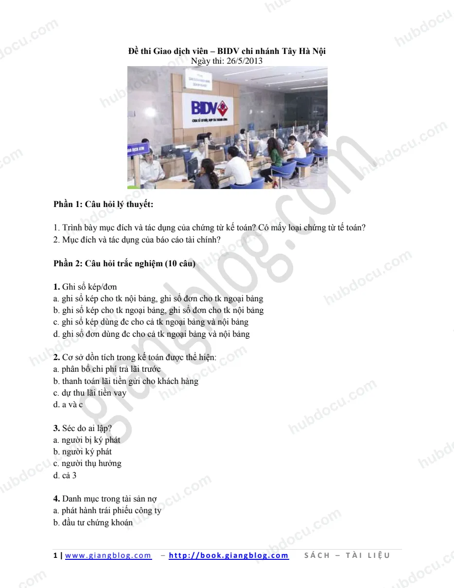 Đề thi Giao dịch viên - BIDV Tây Hà Nội (26-5-2013)