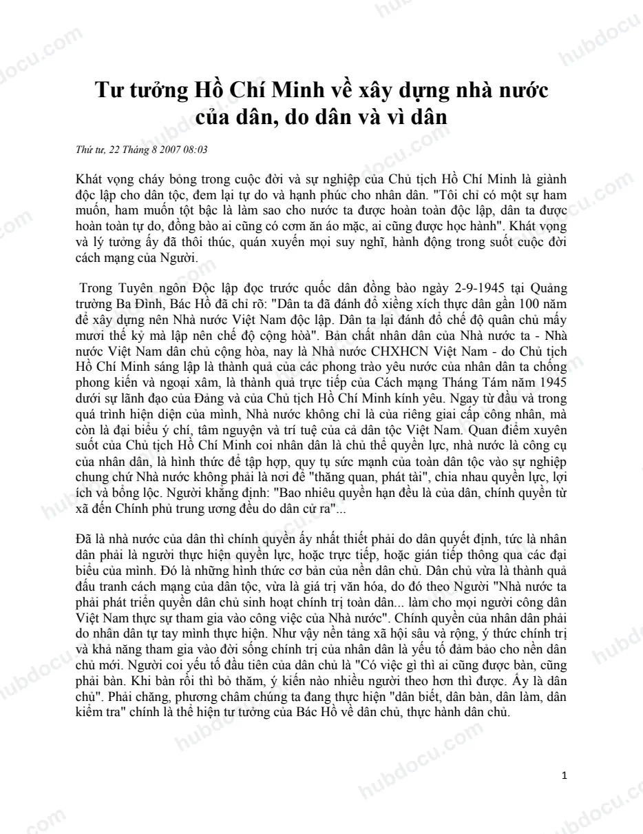 Tư tưởng Hồ Chí Minh về xây dựng nhà nước của dân, do dân và vì dân